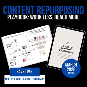 May include: A white and gray digital ebook cover with the title "Content Repurposing Playbook: Work Less, Reach More" in blue text. The cover features a diagram showing how to repurpose content across different social media platforms. The ebook is titled "The Art of Content Repurposing" and is dated March 2025.