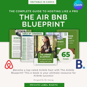 Puede incluir: Un gráfico verde y blanco con el texto "The Airbnb Blueprint: The Complete Guide to Hosting Like a Pro" y una foto de una mujer sonriendo. El gráfico también incluye el texto "65 Pages" y el logotipo de Airbnb.