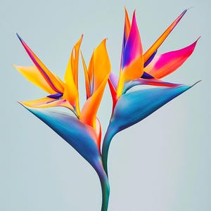 May include: A vibrant orange, pink and blue bird of paradise flower with a long, slender stem.