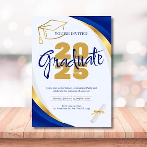 Blue and Gold Graduation Party Invitation: Custom Design (PDF/JPEG Digital File