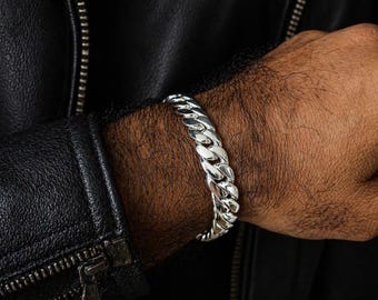 12mm Curb Link Bracelet Solid 999 Silver – Heavy Mens Bracelet Thick Statement Chain Handmade