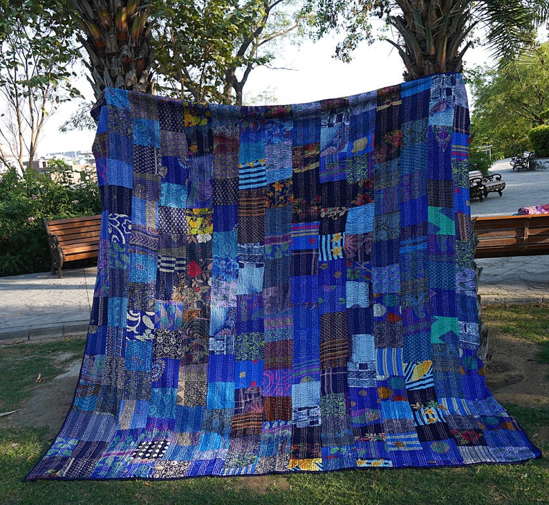 Bohemian Silk Patchwork Kantha Quilt Handcrafted Quilts Boho Twin Size Bedding Throw Blanket Bedspread Quilted Hippie 90X60 Inch