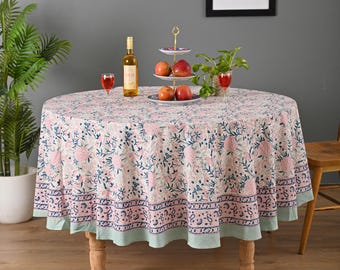 Hand Block Printed Floral Round Tablecloth, Boho Cotton Table Decor