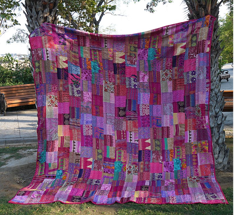 Bohemian Handcrafted Silk Floral Patchwork Quilt Kantha Quilt Boho Blanket Throw Bedspread Bedcover Rallies Sari Quilt Gift For Mom