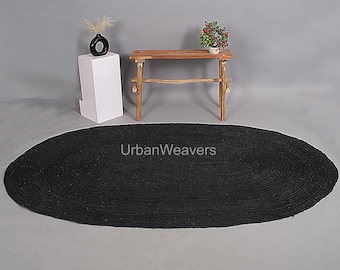 Handwoven Black Jute Rug: Braided Oval Area Rug, Eco-Friendly