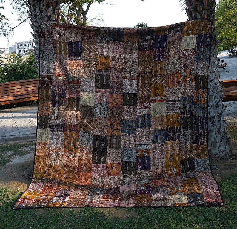 Bohemian Silk Patchwork Kantha Quilt Handcrafted Quilts Boho Twin Size Bedding Throw Blanket Bedspread Quilted Hippie 90X60 Inch