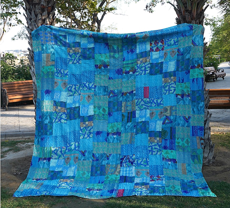 Bohemian Handcrafted Silk Floral Patchwork Quilt Kantha Quilt Boho Blanket Throw Bedspread Bedcover Rallies Sari Quilt Gift For Mom