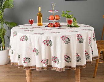 Indian Block Print Cotton Tablecloth: Rose Elegance Floral Design