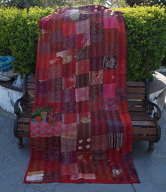 Couverture Patchwork Kantha Indien Vintage Brodée Main - Beige, Coton