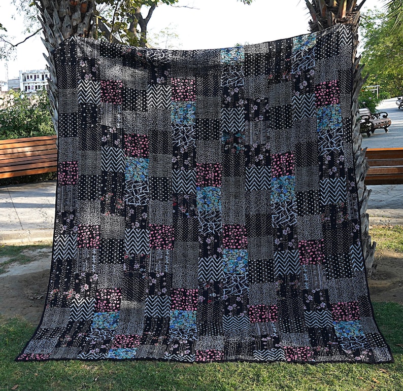Bohemian Silk Patchwork Kantha Quilt Handcrafted Quilts Boho Twin Size Bedding Throw Blanket Bedspread Quilted Hippie 90X60 Inch