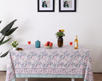 Hand Block Printed Cotton Tablecloth - Floral Bohemian Decor (60x90 Inch)
