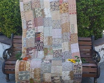 Silk Patchwork Kantha Quilt: Bohemian Bedspread, Sari Throw