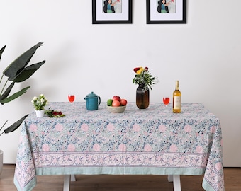 Hand Block Printed Cotton Tablecloth: Green Pink Floral Bohemian Decor