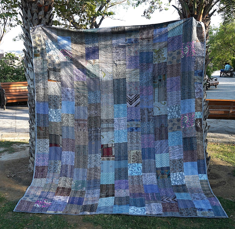 Bohemian Handcrafted Silk Floral Patchwork Quilt Kantha Quilt Boho Blanket Throw Bedspread Bedcover Rallies Sari Quilt Gift For Mom
