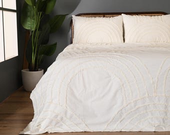 Off White Tufted Cotton Duvet Cover Set: Boho Farmhouse Bedding