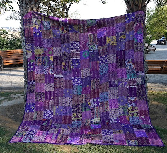 Bohemian Silk Patchwork Kantha Quilt, Handcrafted Twin Bedding (90x60)