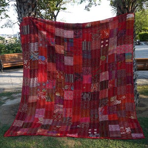 Bohemian Silk Patchwork Kantha Quilt Handcrafted Quilts Boho Twin Size Bedding Throw Blanket Bedspread Quilted Hippie 90X60 Inch