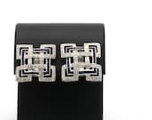 18K White Gold Sapphire Diamond Art Deco Earrings- 1/2 TCW, Vintage, 2/3" Square