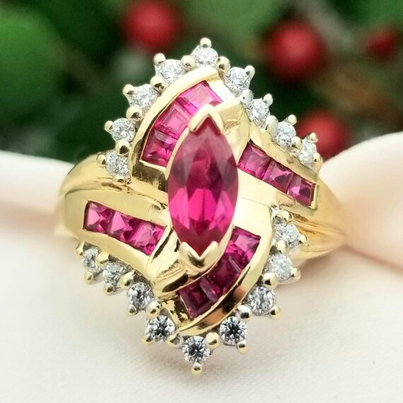 10K Ruby& Cubic Zirconia Cluster Ring-Yellow Gold… - image 1