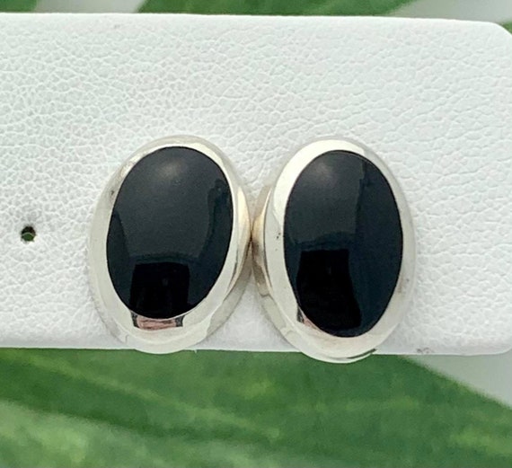 Silver Onyx Stud Earrings- Handmade Bezel- Vintage