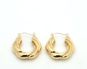 Vintage 1970s 14K Yellow Gold Twist Tube Hoop Earrings–1” Long–Substantial Size