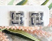 18K White Gold Sapphire Diamond Art Deco Earrings- 1/2 TCW, Vintage, 2/3" Square