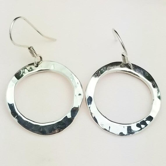Silver Open Circle Dangle Earrings-Hammered Finis… - image 2
