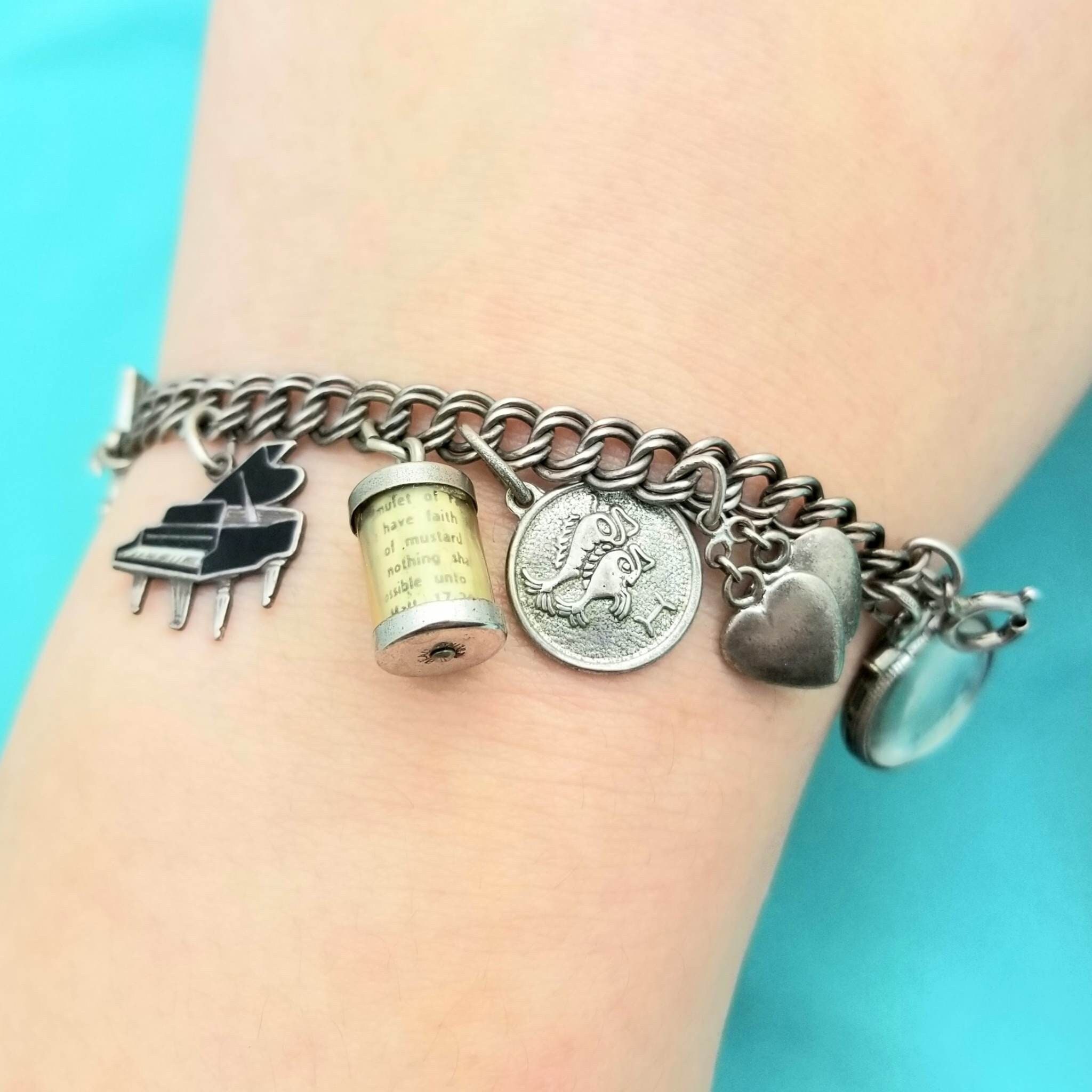 Vintage Silver Charm Bracelet-sterling-7'' Long- 12 Charms