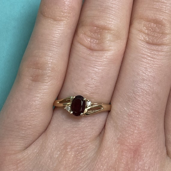 14K Garnet and Diamond Ring, Vintage, 4mmx5.5mm O… - image 2