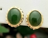 Estate 12K GF Oval Jade Bezel Earrings-Screw Back-Non-Pierced-10mm Jade-Vintage