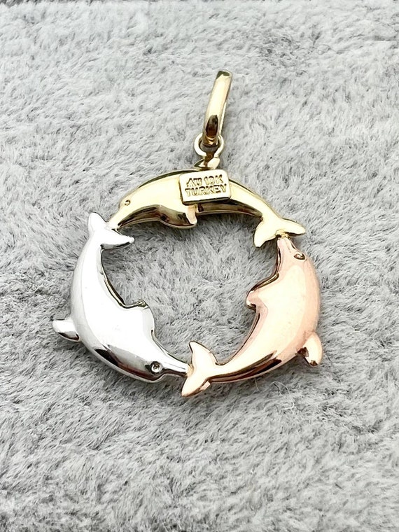 10K Dolphin Circle Pendant- Vintage, Estate- Tri … - image 3