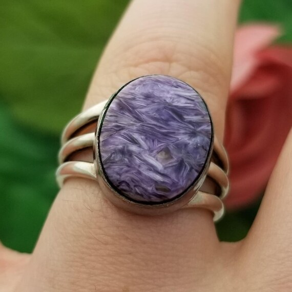 Silver Oval Purple Charoite Split Shank Ring-925-… - image 2