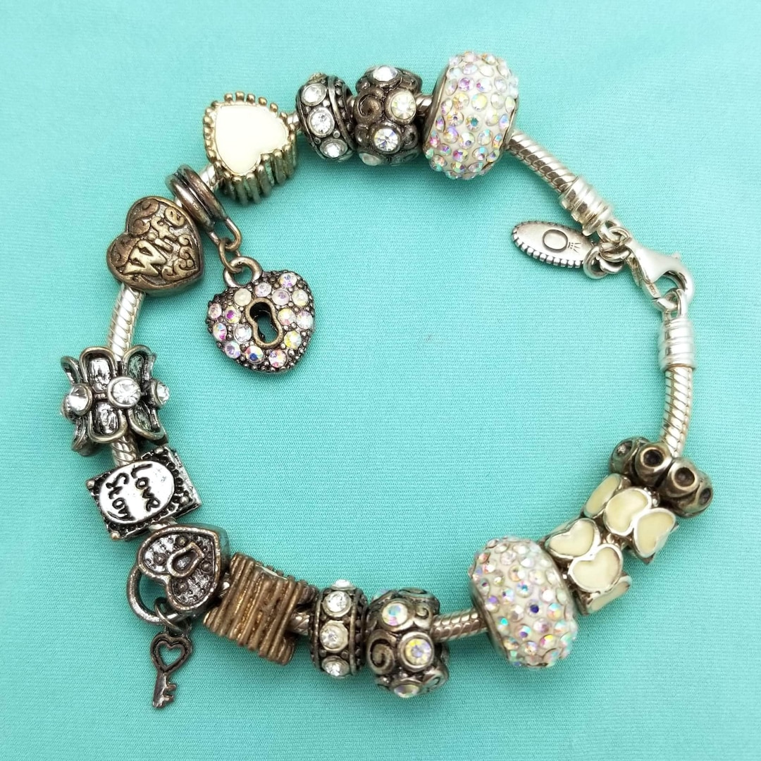 Silver PANDORA Bracelet 16 Charms Vintage, Estate Designer Love Story