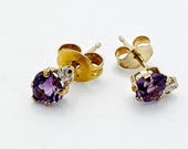10K Heart Shape Amethyst and CZ Earrings, Vintage Studs, Estate Yellow Gold