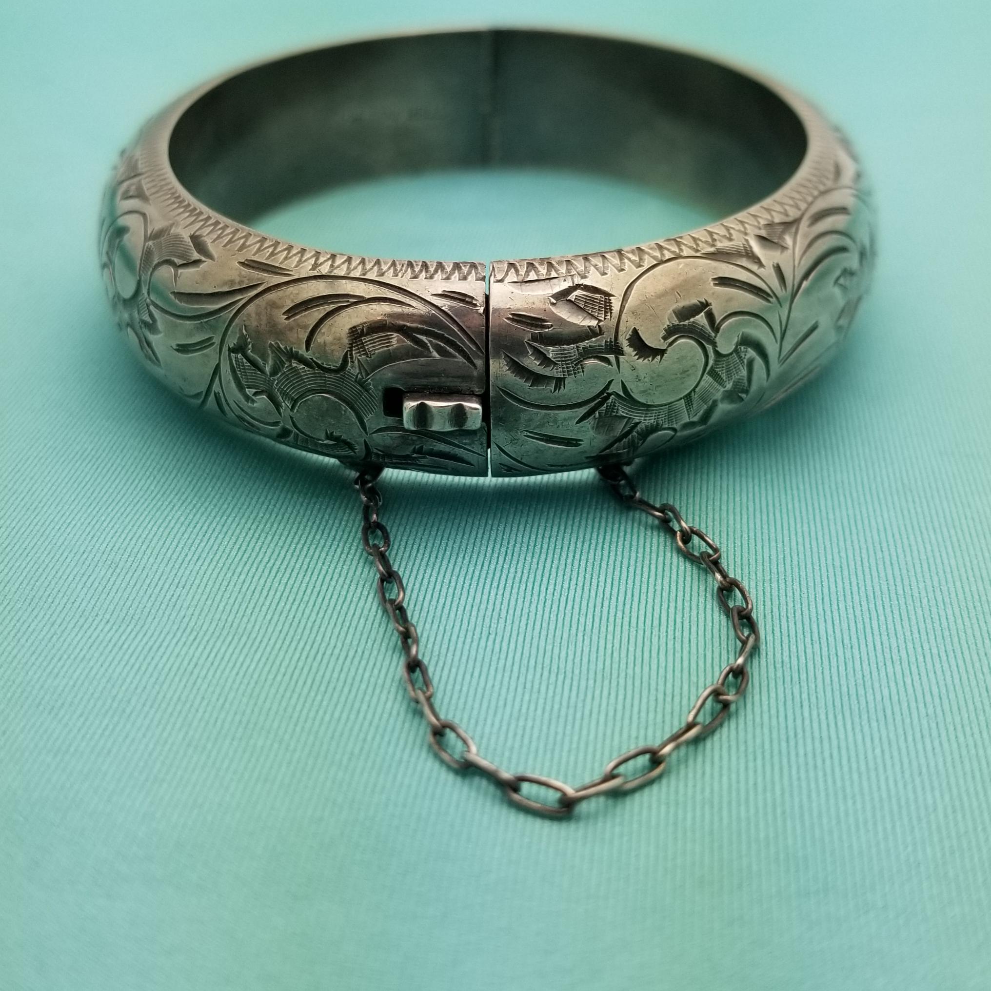 Vintage Sterling Silver Floral Engraved Bangle, Safety Chain