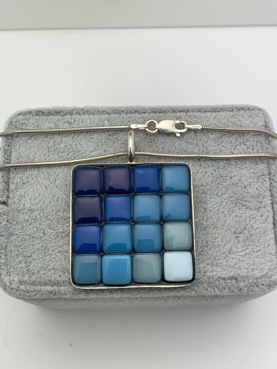 Sterling Blue Glass Tile Necklace, Signed Art Pie… - image 3