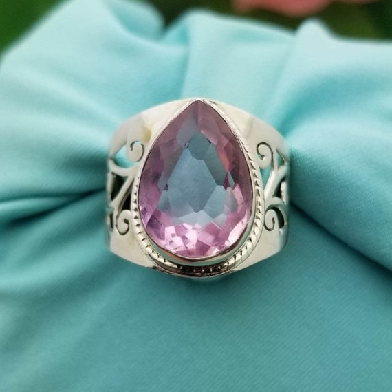Three-stone Teardrop Amethyst Ring Swirl Scroll Design Sterling Silver Three-stone Teardrop Amethyst Ring Swirl Scroll Design Sterling Silver