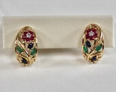 10K Yellow Gold Half Hoop Earrings - Sapphire, Emerald, Ruby, Diamond - Vintage - Floral Design