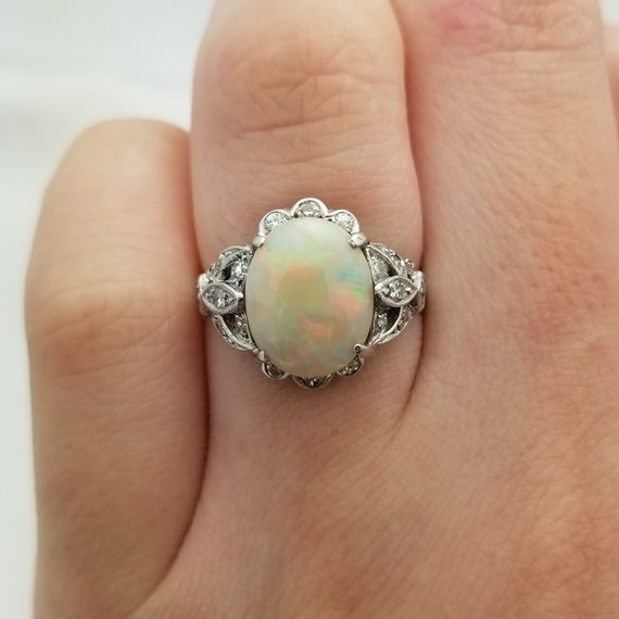 Platinum Firey Opal and Diamond Antique Ring, Natu