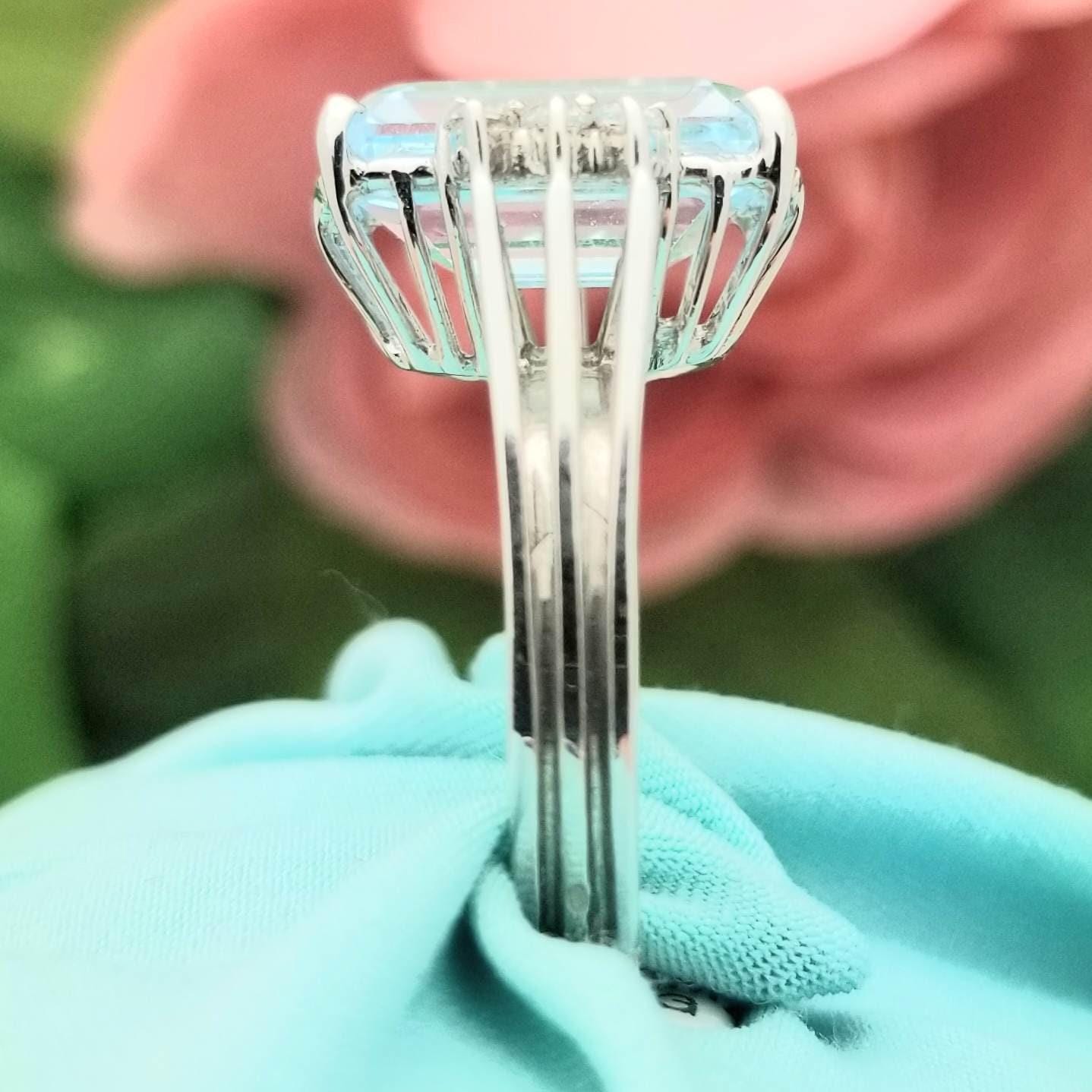 18K Aquamarine Diamond Ring white Gold large natural emerald Cut 4 Ct 18k-aquamarine-diamond-ring-white-gold-large-natural-emerald-cut-4-ct