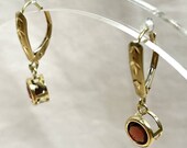 14K Garnet Drop Earrings, Yellow Gold Dangle, Bezel Set Natural Stones, Estate