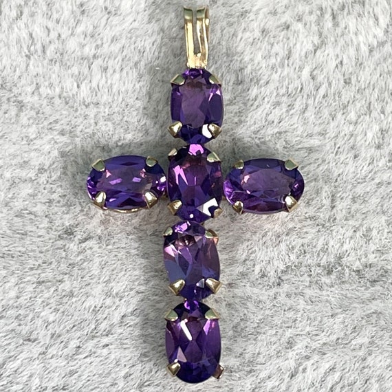 10K Yellow Gold and Amethyst Cross, 6 Oval Natura… - image 1