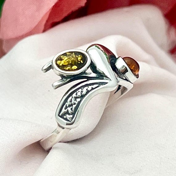 Silver Retro Amber Statement Ring-925 Sterling-Na… - image 4