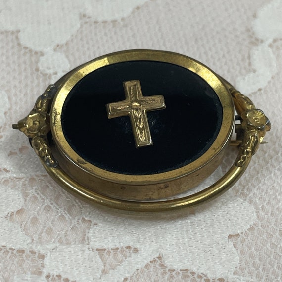 Antique Victorian Gold-Plated Enamel Mourning Broo