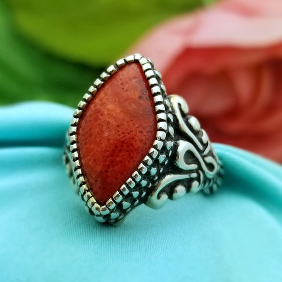 Silver Chinese Red Coral Filigree Ring-925-Sterli… - image 3