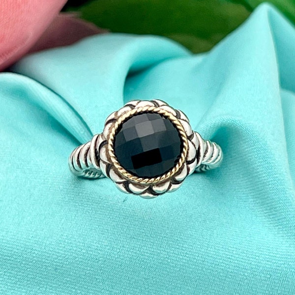 Sterling & 18K Gold Onyx Ring- 2.85C-Vintage-Checkerboard Cut-Yellow Gold Bezel