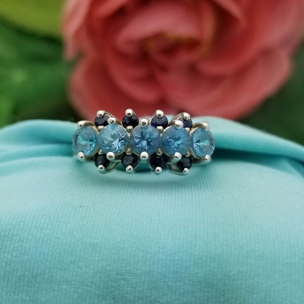 Vintage Sterling Silver Blue Topaz & Sapphire Ring-3 Rows-Double Split Band