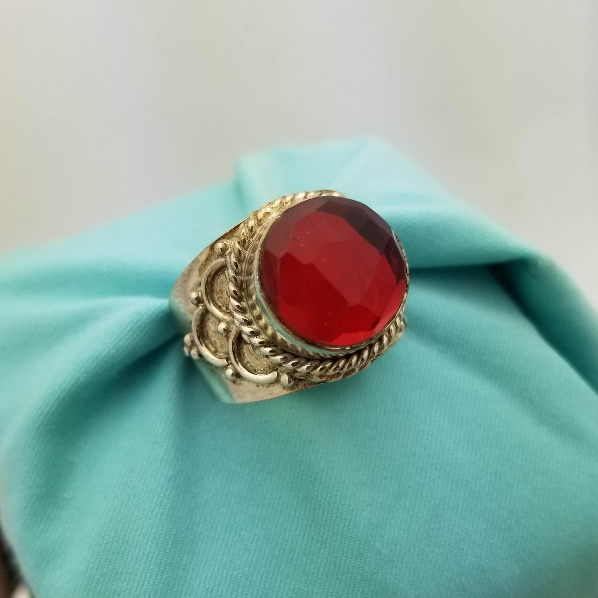 Vintage Sterling Silver Large Ruby Red Cubic Zirconia Fashion Ring ...