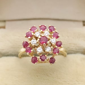 Vintage 1930’s 14K Yellow Gold Ruby-Diamond Dome Statement Ring-Heavy-Size 7.75