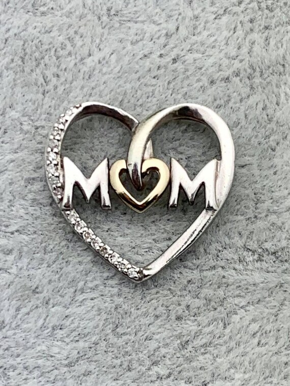 Sterling & 14K Gold Diamond "Mom" Heart Pendant- … - image 1